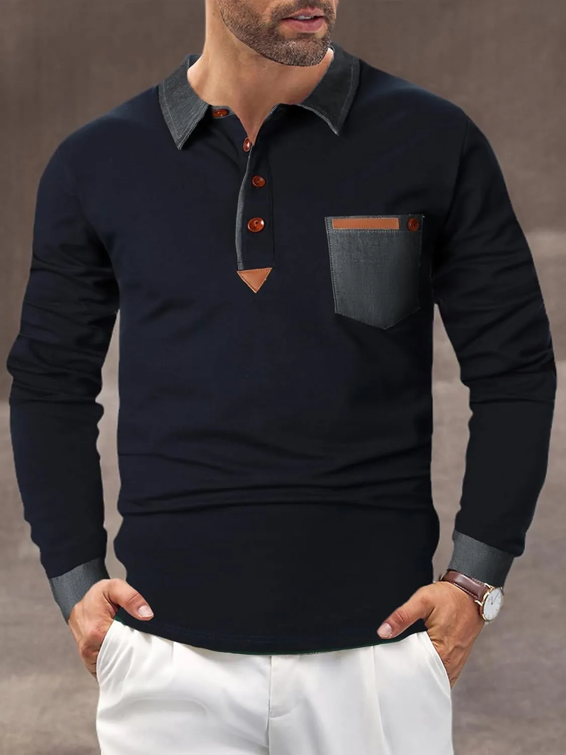 Long Sleeve Polo Shirts for Men Stylish Patchwork Contrasting Color Golf Polos Cotton Polo Shirt Tops with Pocket
