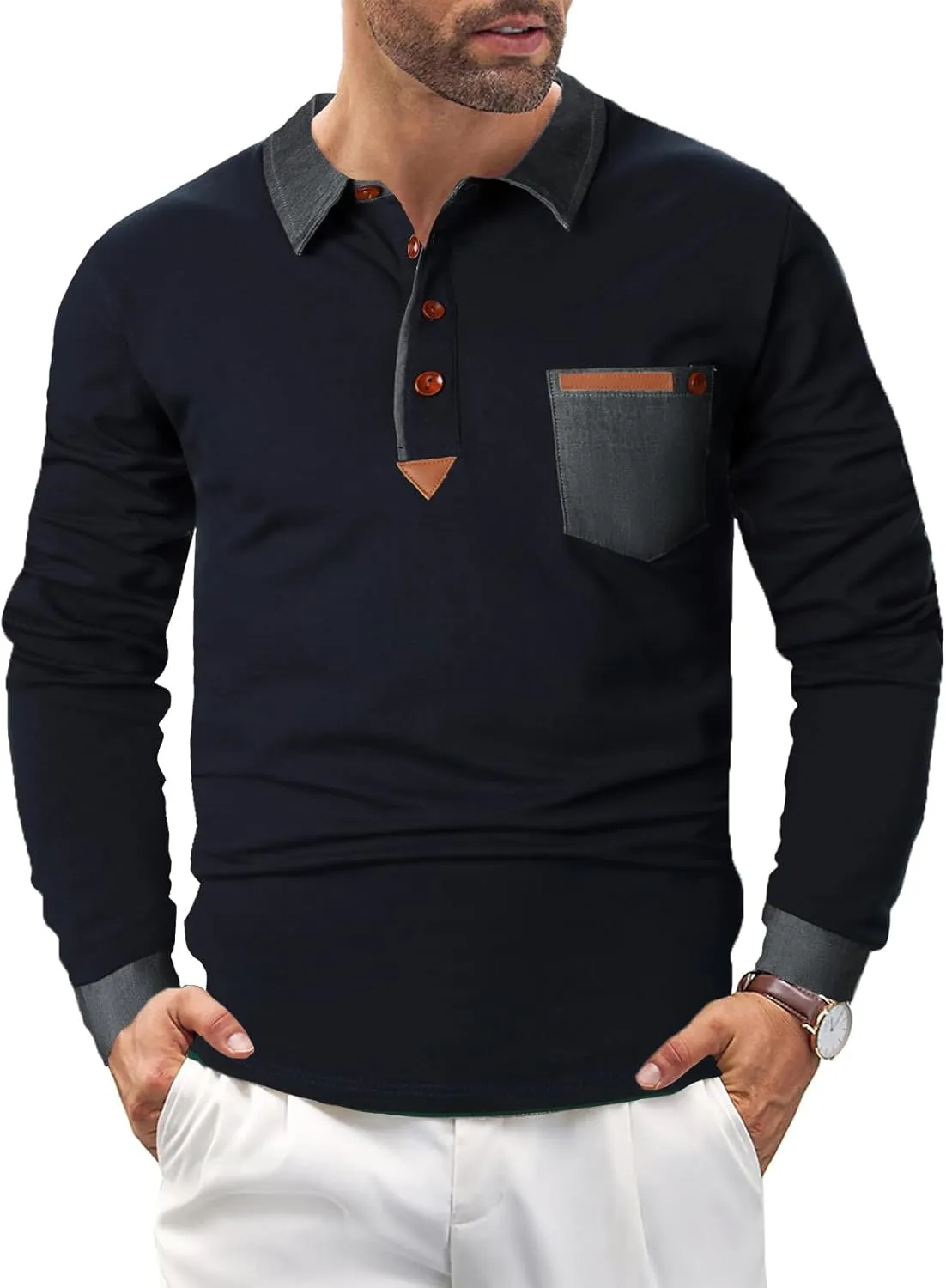 Long Sleeve Polo Shirts for Men Stylish Patchwork Contrasting Color Golf Polos Cotton Polo Shirt Tops with Pocket
