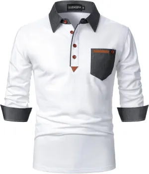 Long Sleeve Polo Shirts for Men Stylish Patchwork Contrasting Color Golf Polos Cotton Polo Shirt Tops with Pocket