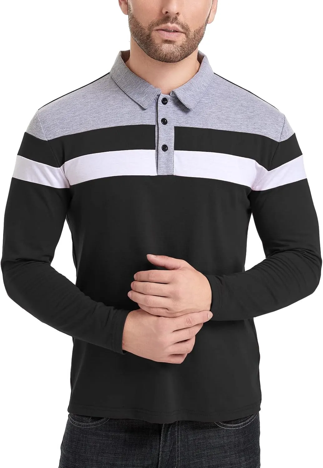MANSDOUR Men's Polo Shirts Casual Cotton Slim Fit Long Sleeve and Short Sleeve Polo Shirt Patchwork Collared Work Golf Shirt