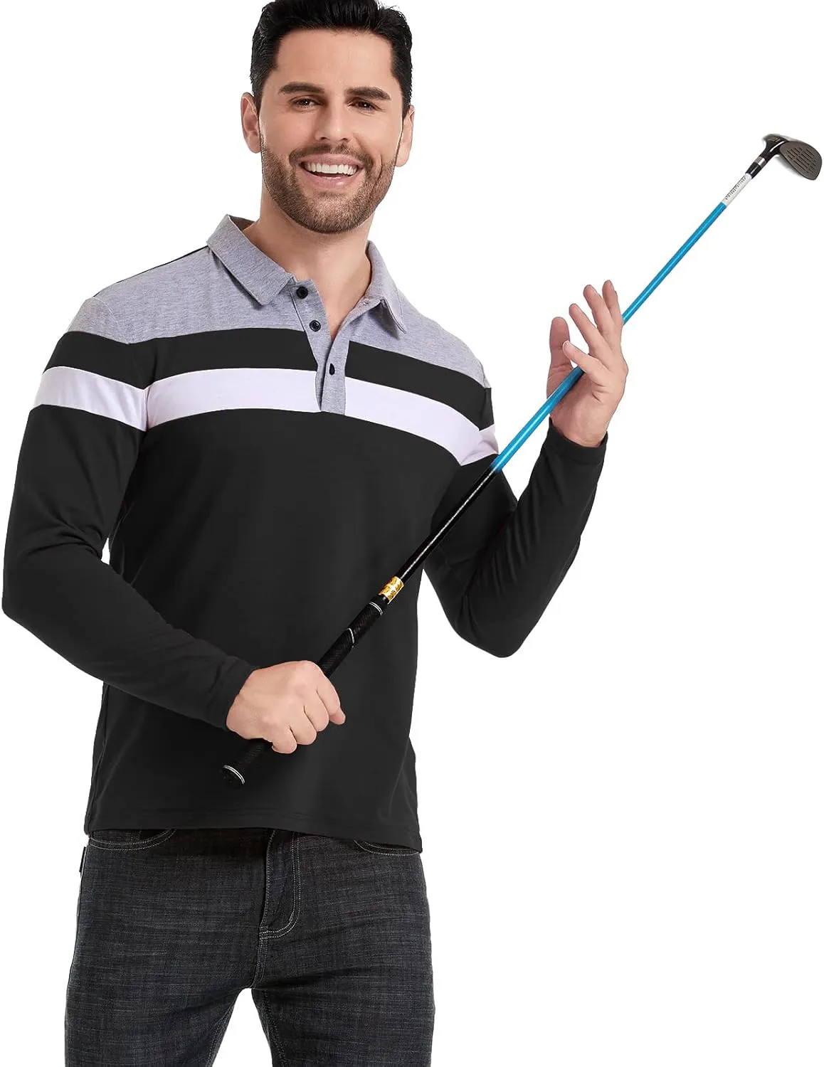 MANSDOUR Men's Polo Shirts Casual Cotton Slim Fit Long Sleeve and Short Sleeve Polo Shirt Patchwork Collared Work Golf Shirt