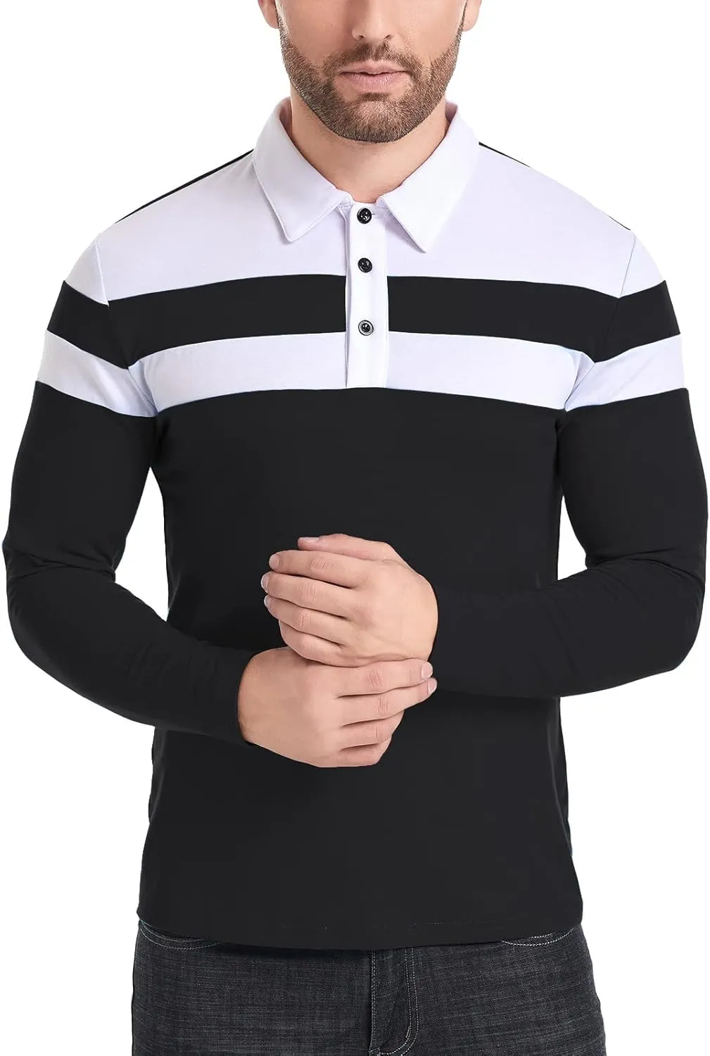 MANSDOUR Men's Polo Shirts Casual Cotton Slim Fit Long Sleeve and Short Sleeve Polo Shirt Patchwork Collared Work Golf Shirt