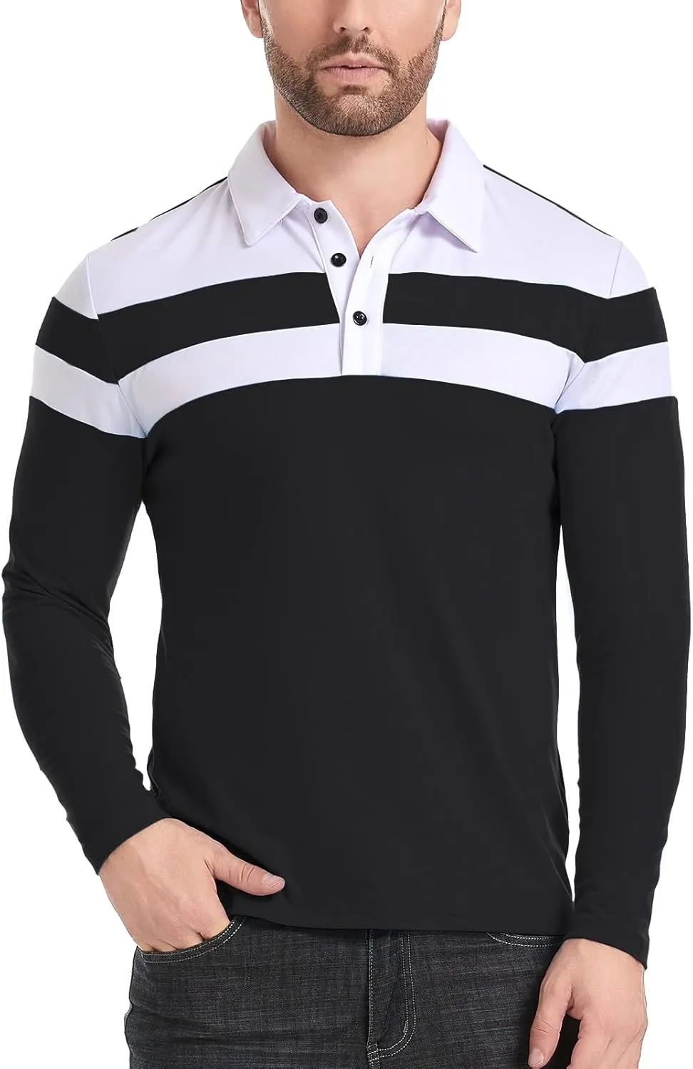 MANSDOUR Men's Polo Shirts Casual Cotton Slim Fit Long Sleeve and Short Sleeve Polo Shirt Patchwork Collared Work Golf Shirt