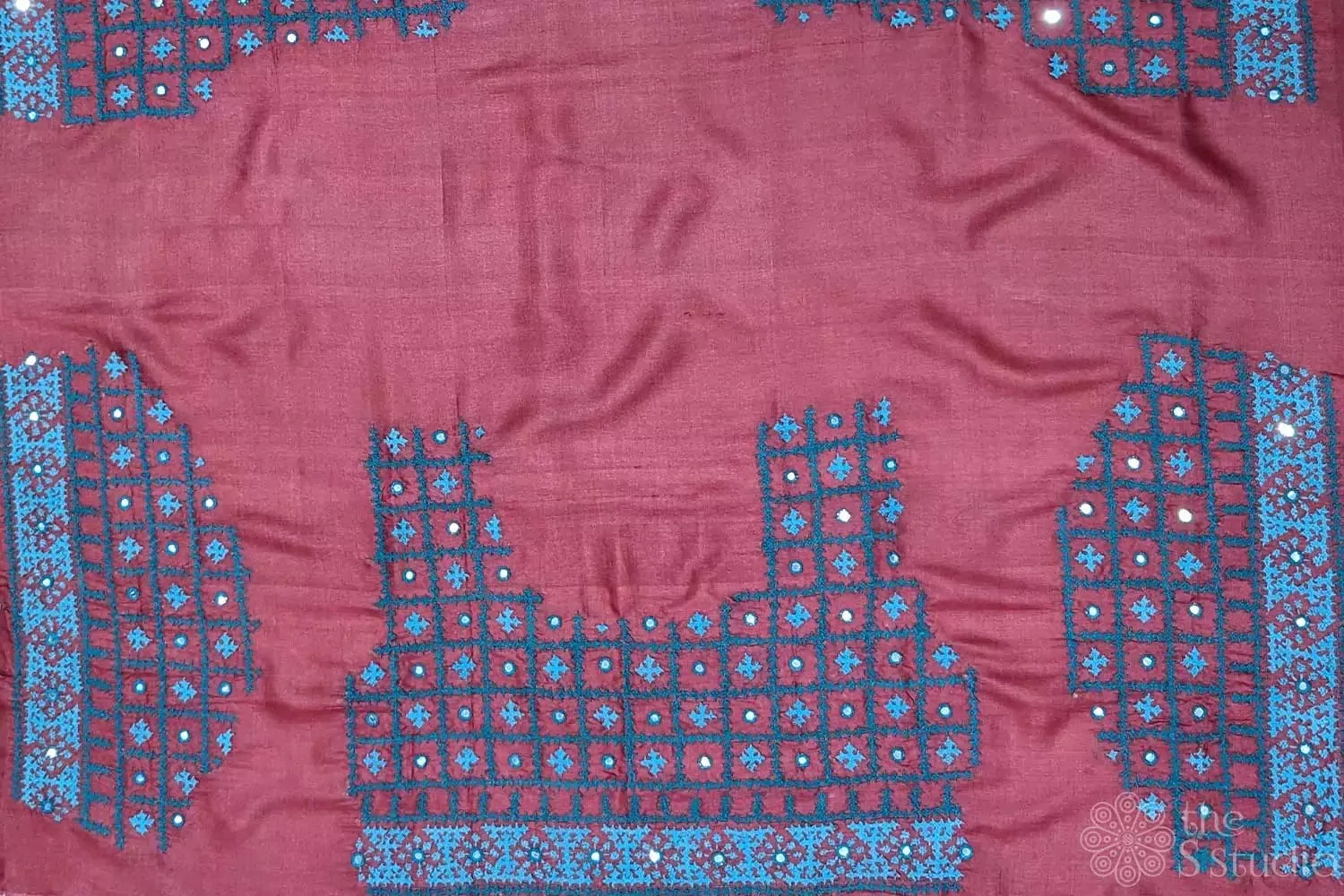 Maroon tussar silk fabric with mirror work kutch hand embroidery