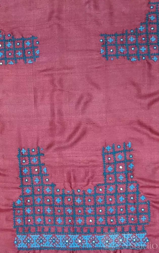 Maroon tussar silk fabric with mirror work kutch hand embroidery