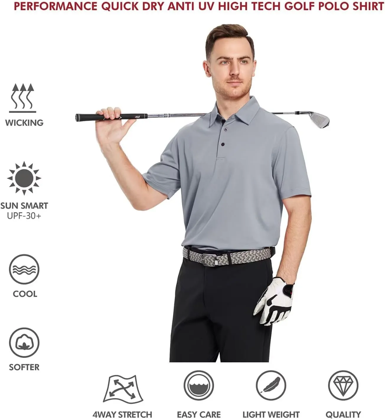 Mens Golf Shirt Short and Long Sleeve Moisture Wicking Dry Fit Performance Solid Casual Pique Golf Polo Shirts for Men