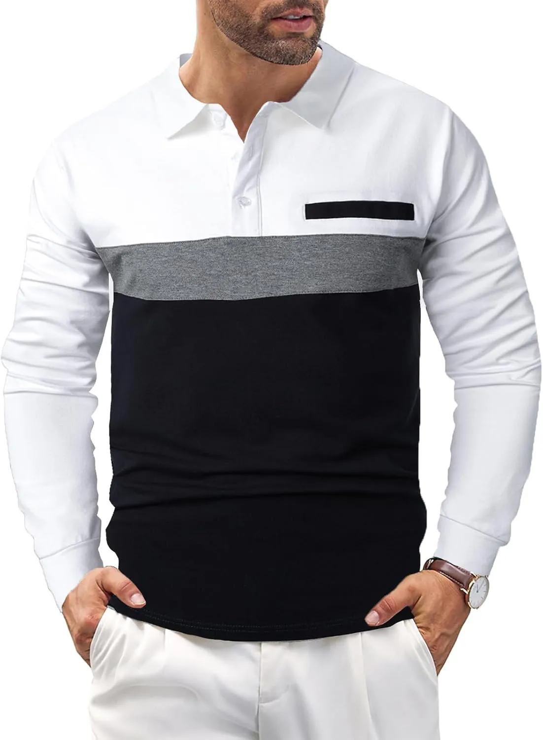 Mens Polo Shirts Short/Long Sleeve Casual Color Block Golf Polo T Shirt Stylish Contrast Collar Cotton Tops for Men