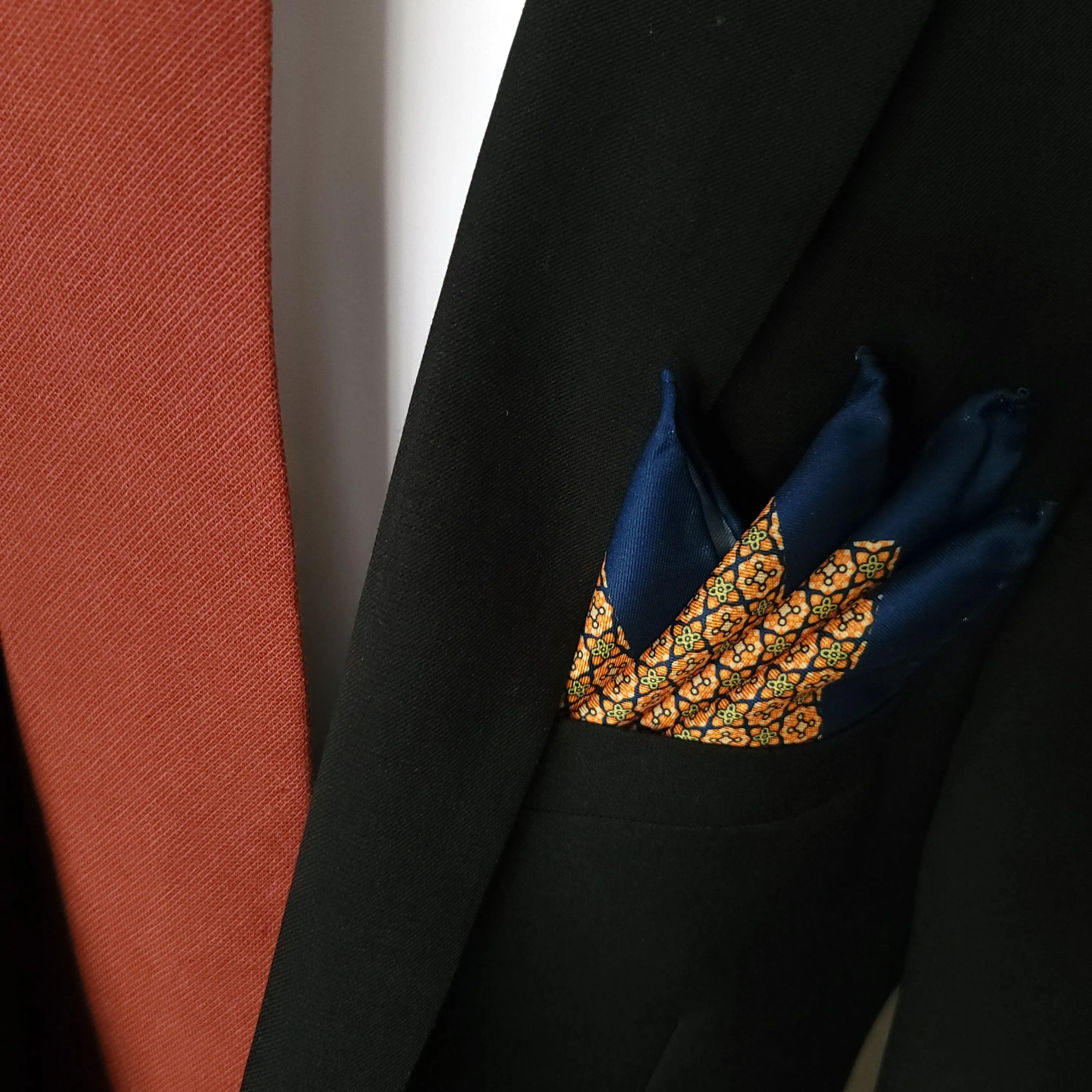 Navy Blue Orange Dot Stylish and Elegant Silk Pocket Square