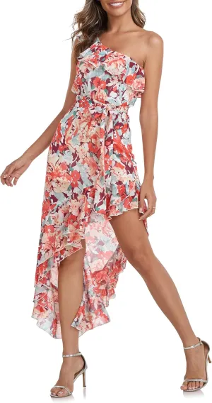 PrettyGuide Women's One Shoulder Maxi Summer Dress Belted Asymmetrical Ruffle Flowy Wedding Guest Dress
