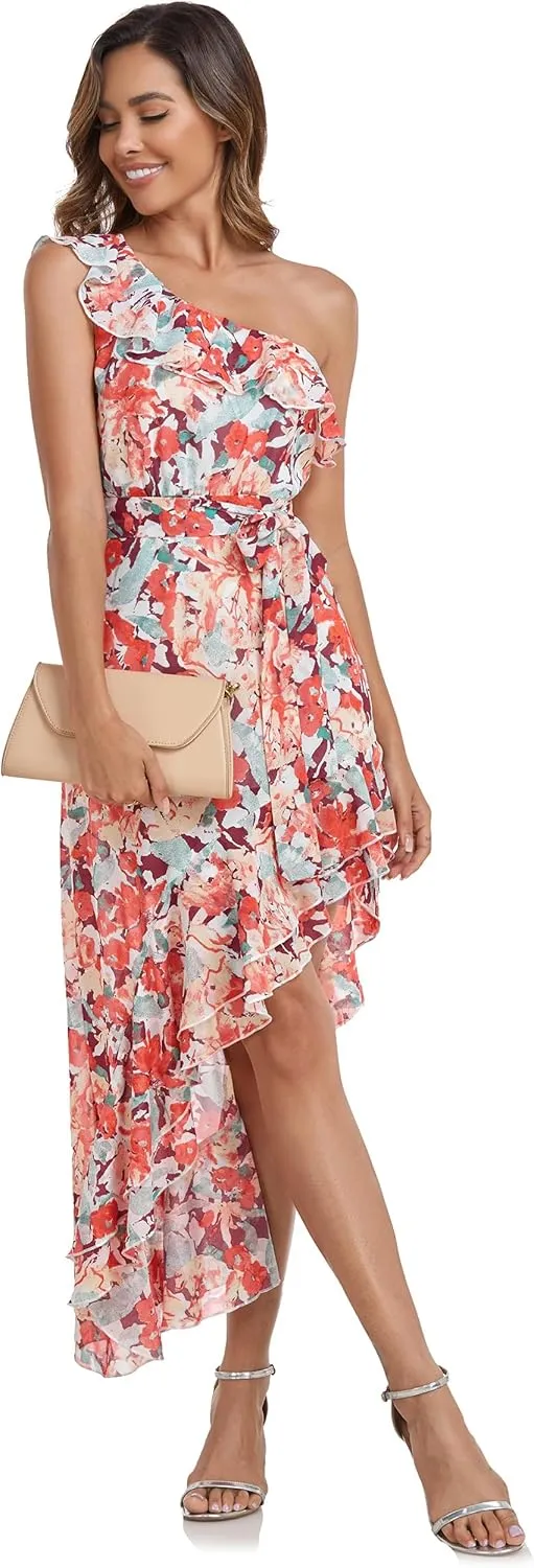 PrettyGuide Women's One Shoulder Maxi Summer Dress Belted Asymmetrical Ruffle Flowy Wedding Guest Dress