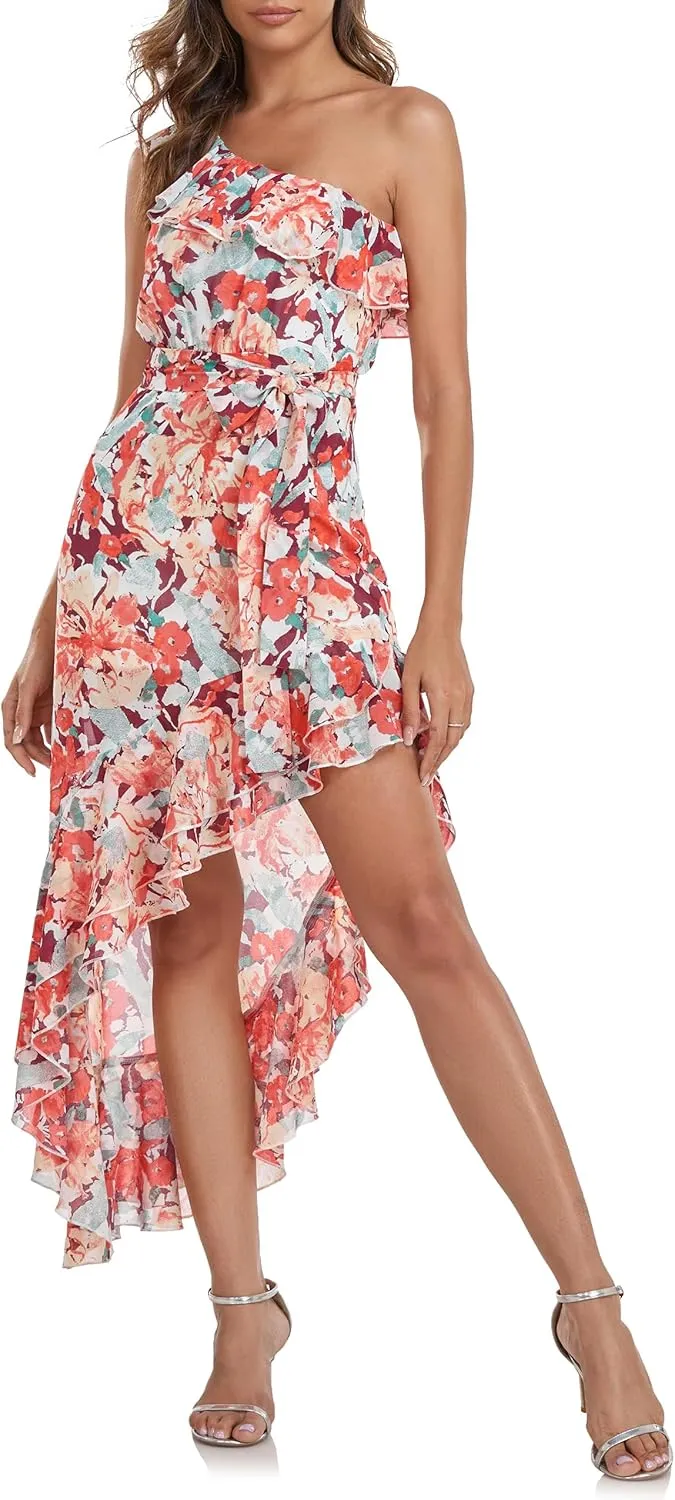 PrettyGuide Women's One Shoulder Maxi Summer Dress Belted Asymmetrical Ruffle Flowy Wedding Guest Dress