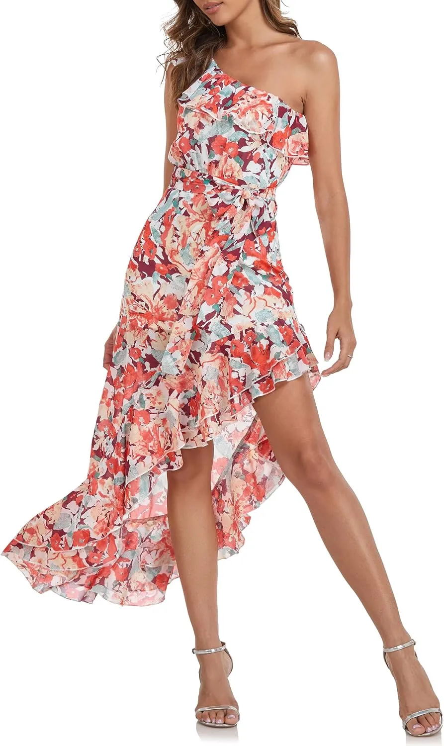 PrettyGuide Women's One Shoulder Maxi Summer Dress Belted Asymmetrical Ruffle Flowy Wedding Guest Dress