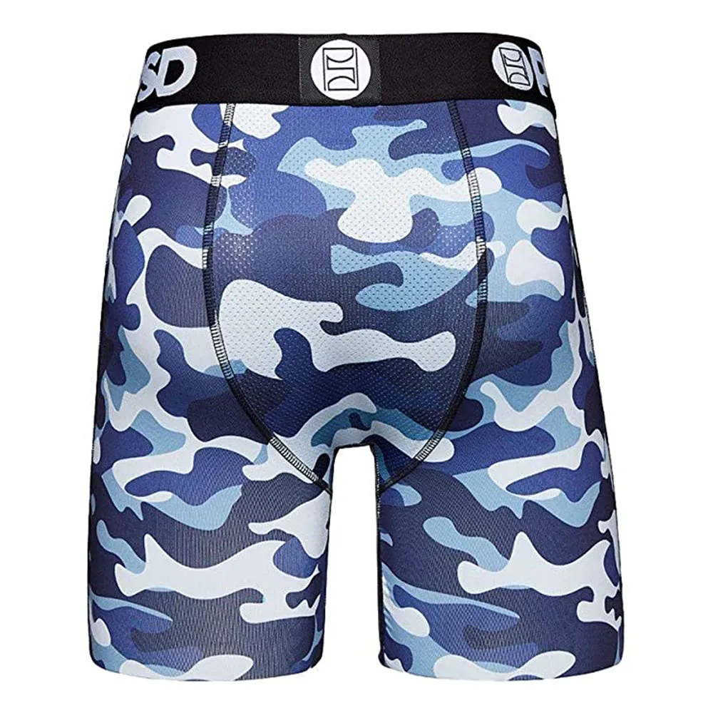 PSD Mens Camo Warface Print Blue Stretch Elastic Wide Band Breathable Boxer Brief with 7 inch Inseam Underwear- E12011027-BLU-XXL