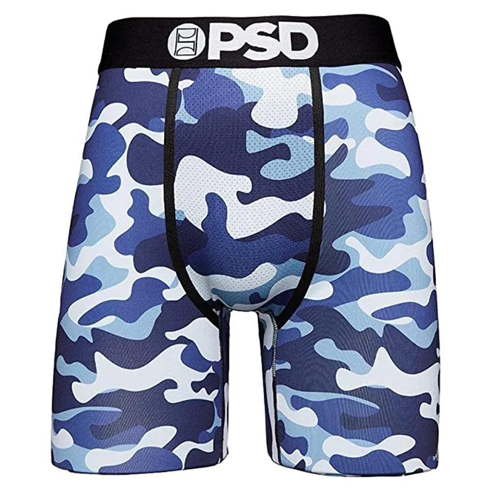 PSD Mens Camo Warface Print Blue Stretch Elastic Wide Band Breathable Boxer Brief with 7 inch Inseam Underwear- E12011027-BLU-XXL