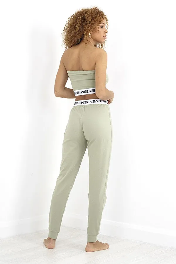 SAGE GREEN ELASTICATED BANDEAU AND JOGGER LOUNGE SET