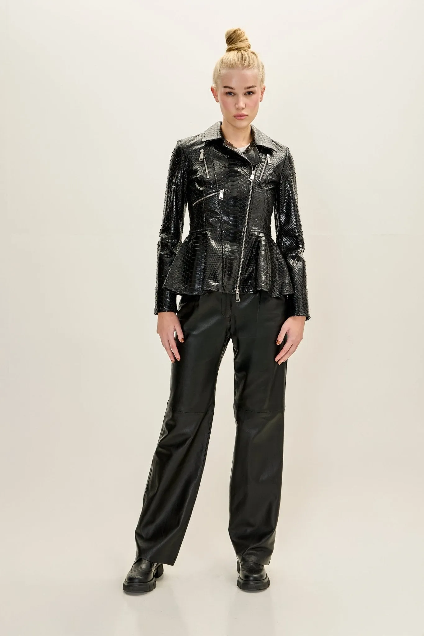 Snakeskin Fitted Peplum Jacket- Black