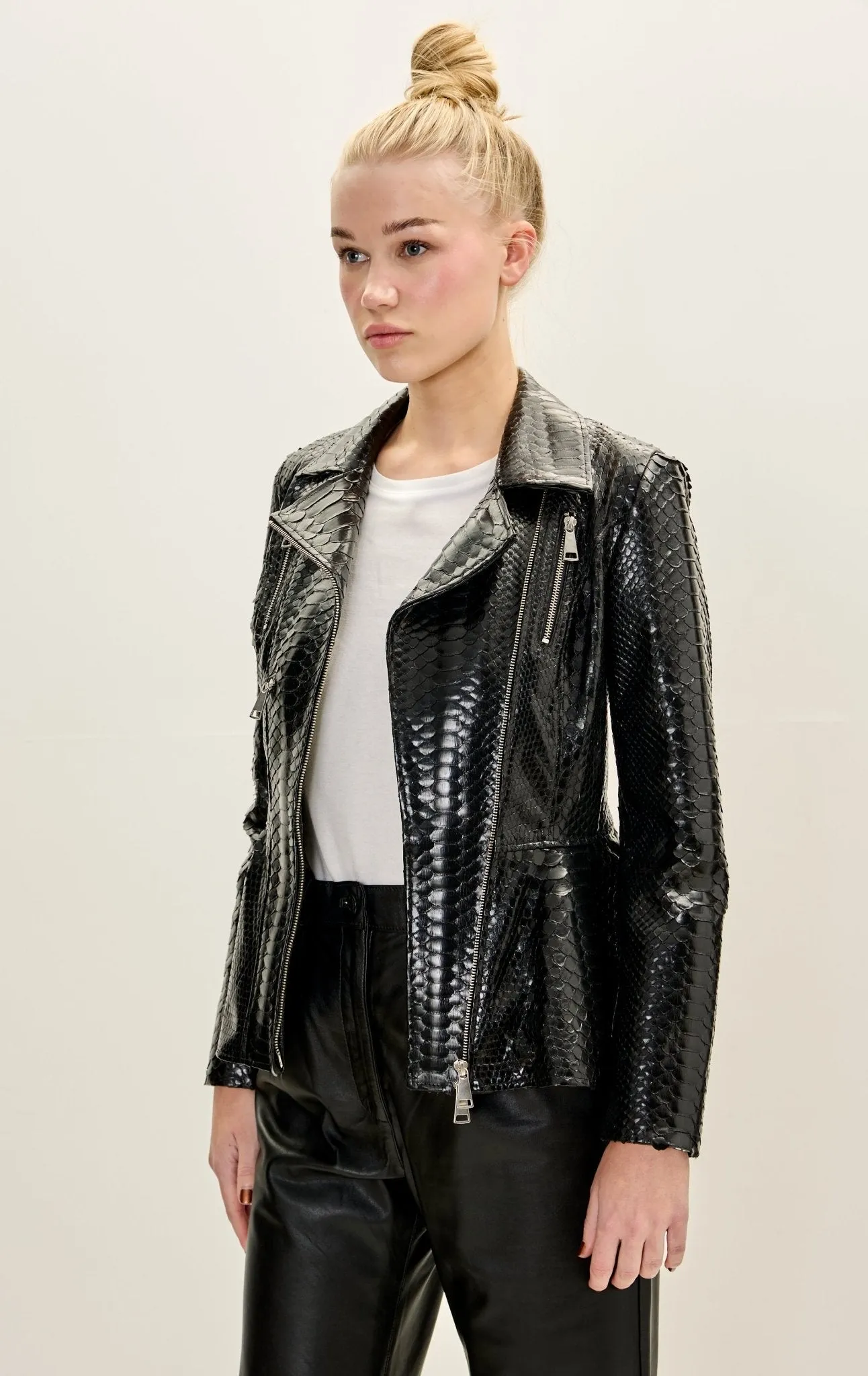 Snakeskin Fitted Peplum Jacket- Black