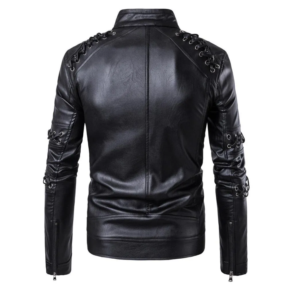 Trend4us Men's Stylish Lace-Up Faux Leather Biker Jacket