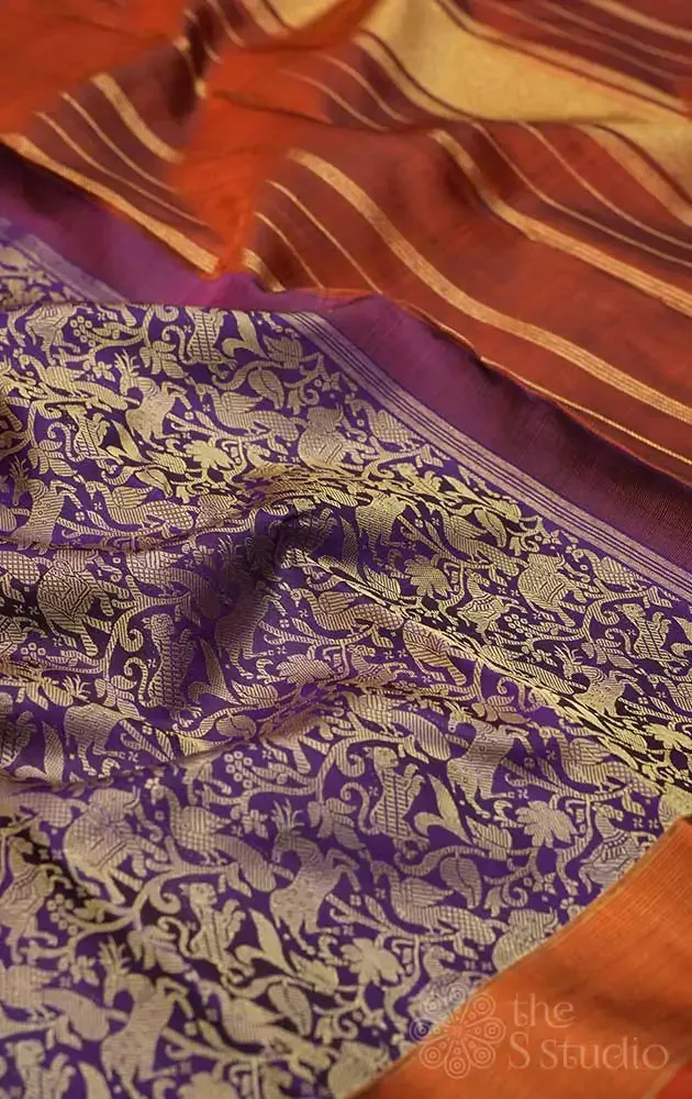 Violet vanasingharam kanchipuram silk saree with rust border
