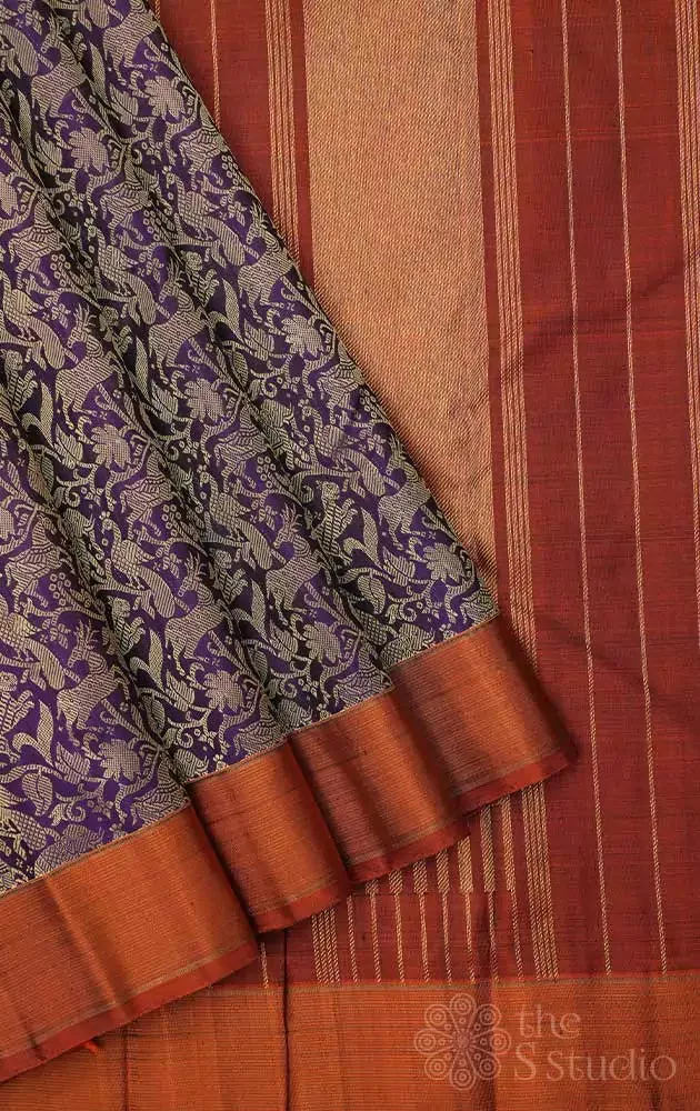Violet vanasingharam kanchipuram silk saree with rust border
