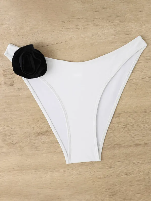 Wireless Triangle Bra and Bikini Bottom in a 2-Piece Stripe Bikini Set with Contrast Flowers Appliqué