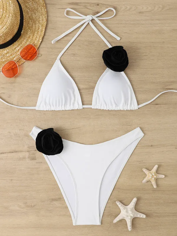Wireless Triangle Bra and Bikini Bottom in a 2-Piece Stripe Bikini Set with Contrast Flowers Appliqué