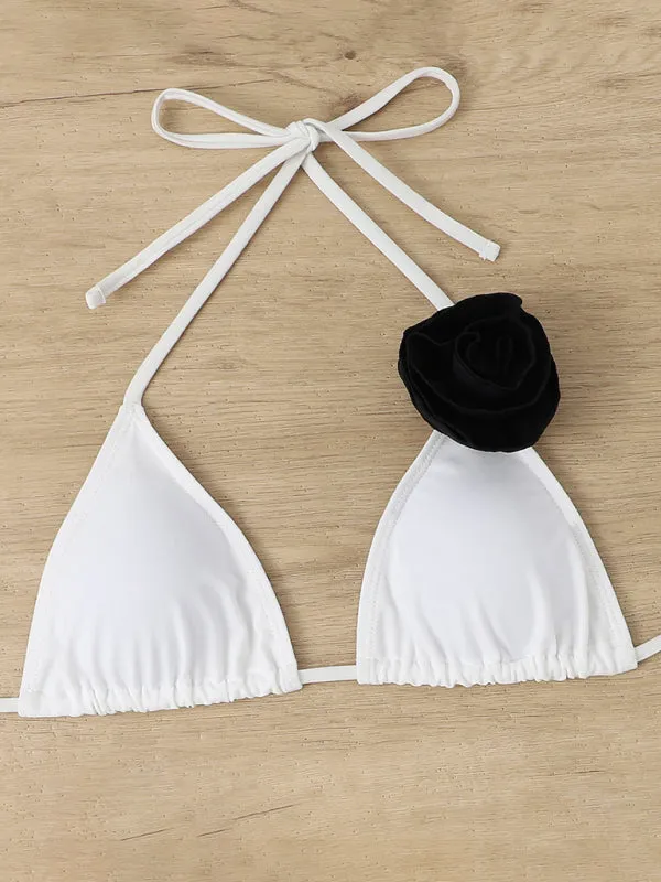 Wireless Triangle Bra and Bikini Bottom in a 2-Piece Stripe Bikini Set with Contrast Flowers Appliqué
