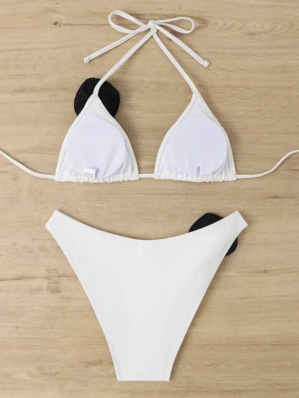 Wireless Triangle Bra and Bikini Bottom in a 2-Piece Stripe Bikini Set with Contrast Flowers Appliqué