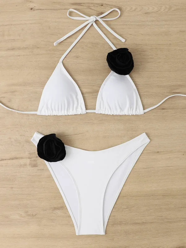 Wireless Triangle Bra and Bikini Bottom in a 2-Piece Stripe Bikini Set with Contrast Flowers Appliqué