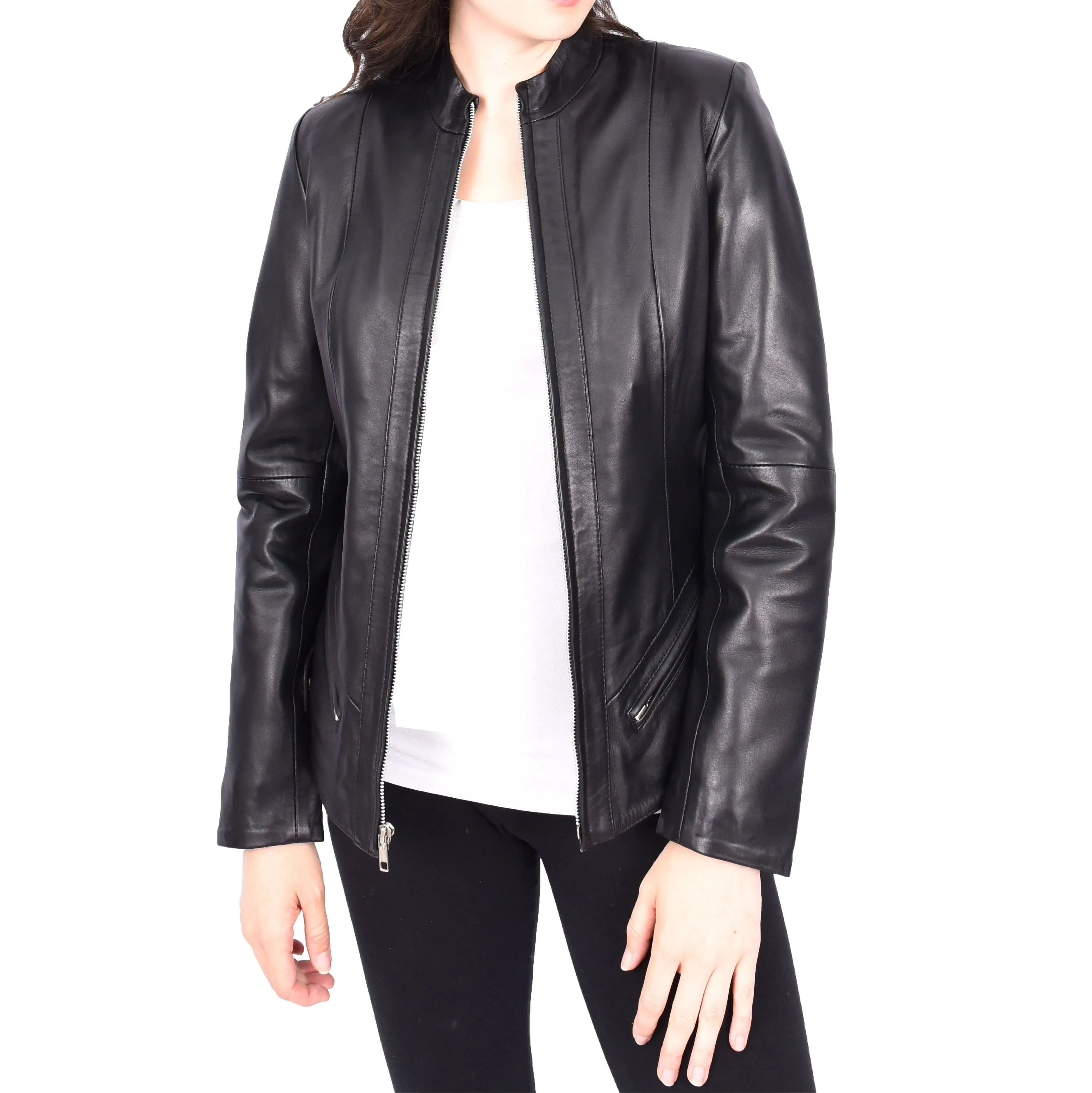 Womens Tailored Fit Band Collar Zip Up Biker Leather Jacket Honey Black