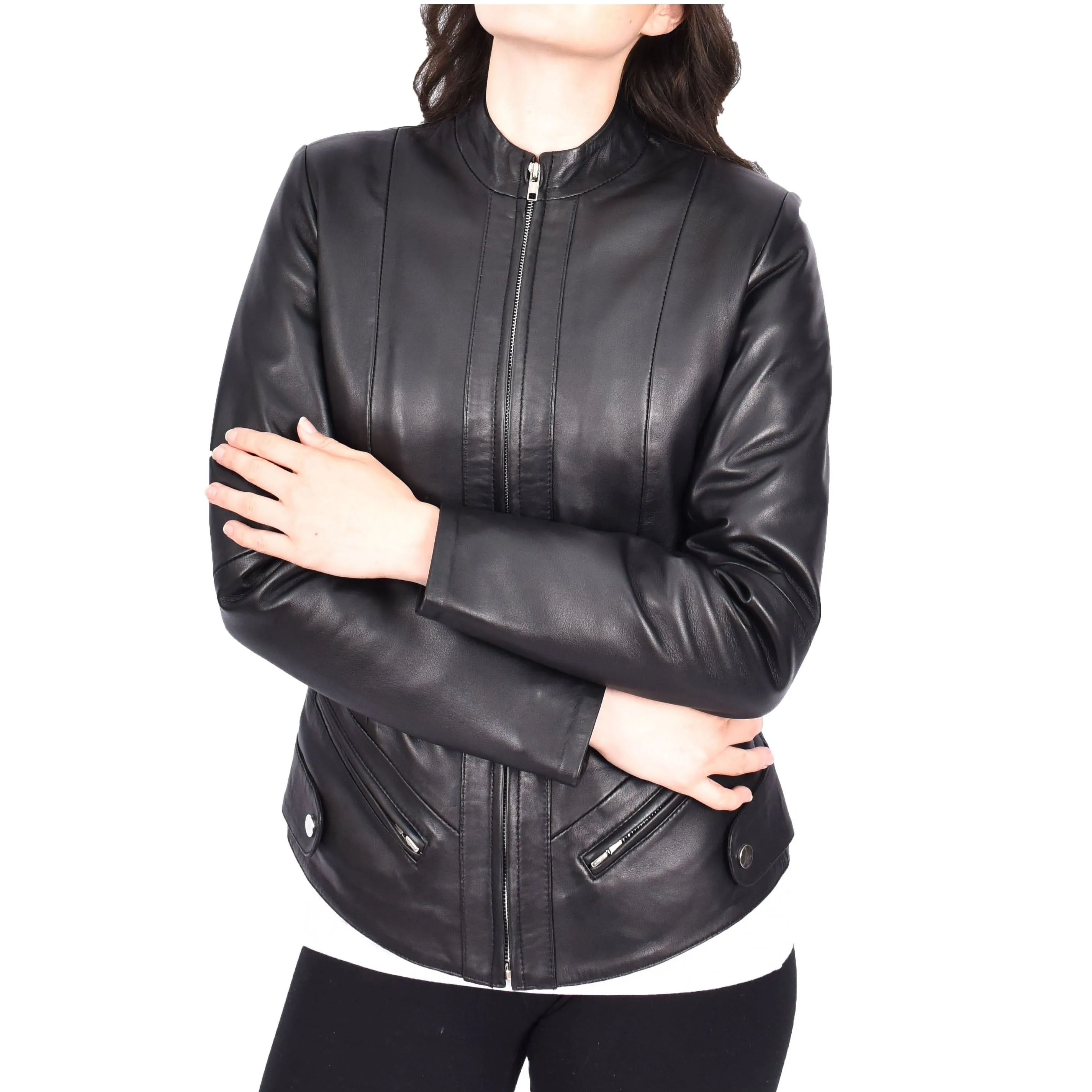 Womens Tailored Fit Band Collar Zip Up Biker Leather Jacket Honey Black