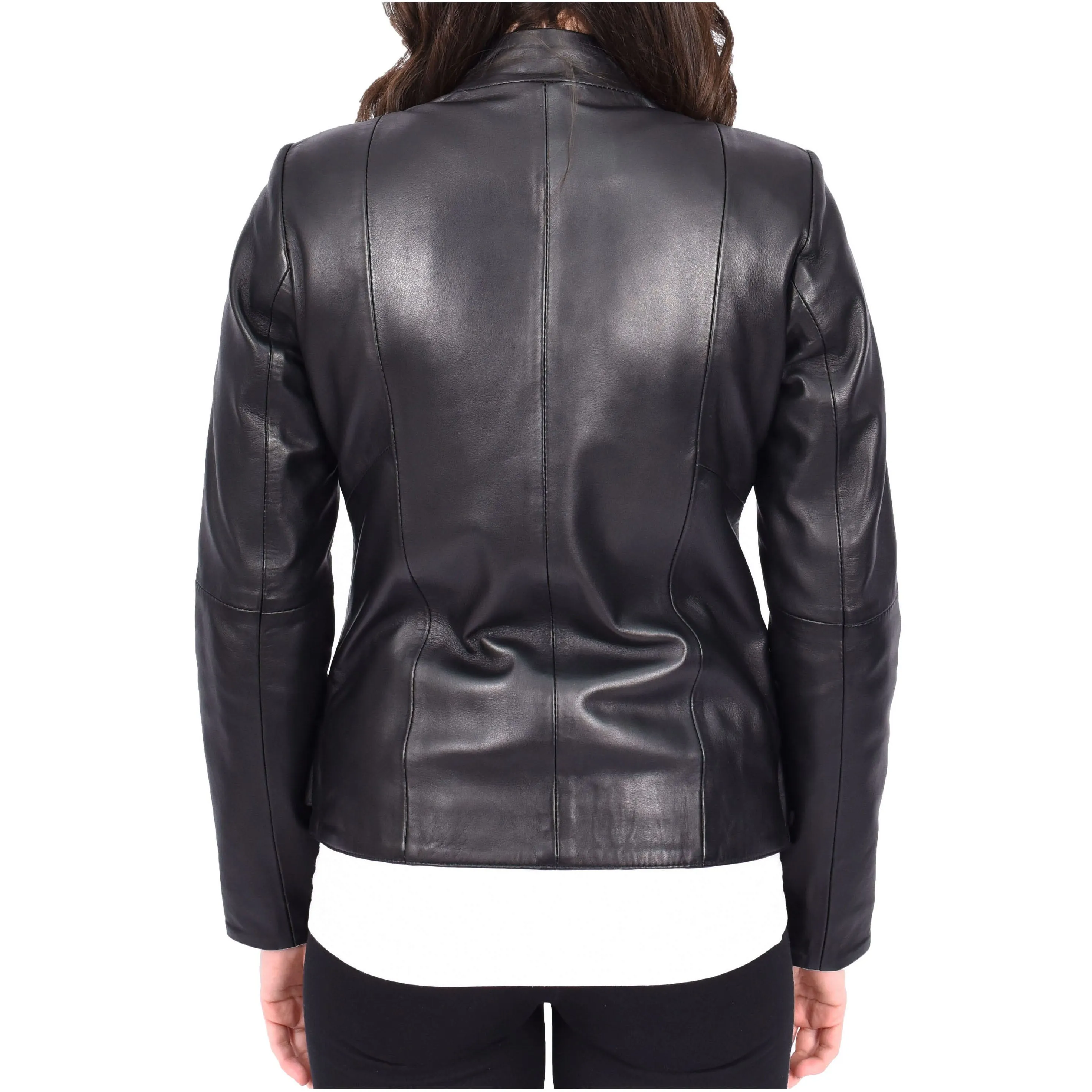 Womens Tailored Fit Band Collar Zip Up Biker Leather Jacket Honey Black