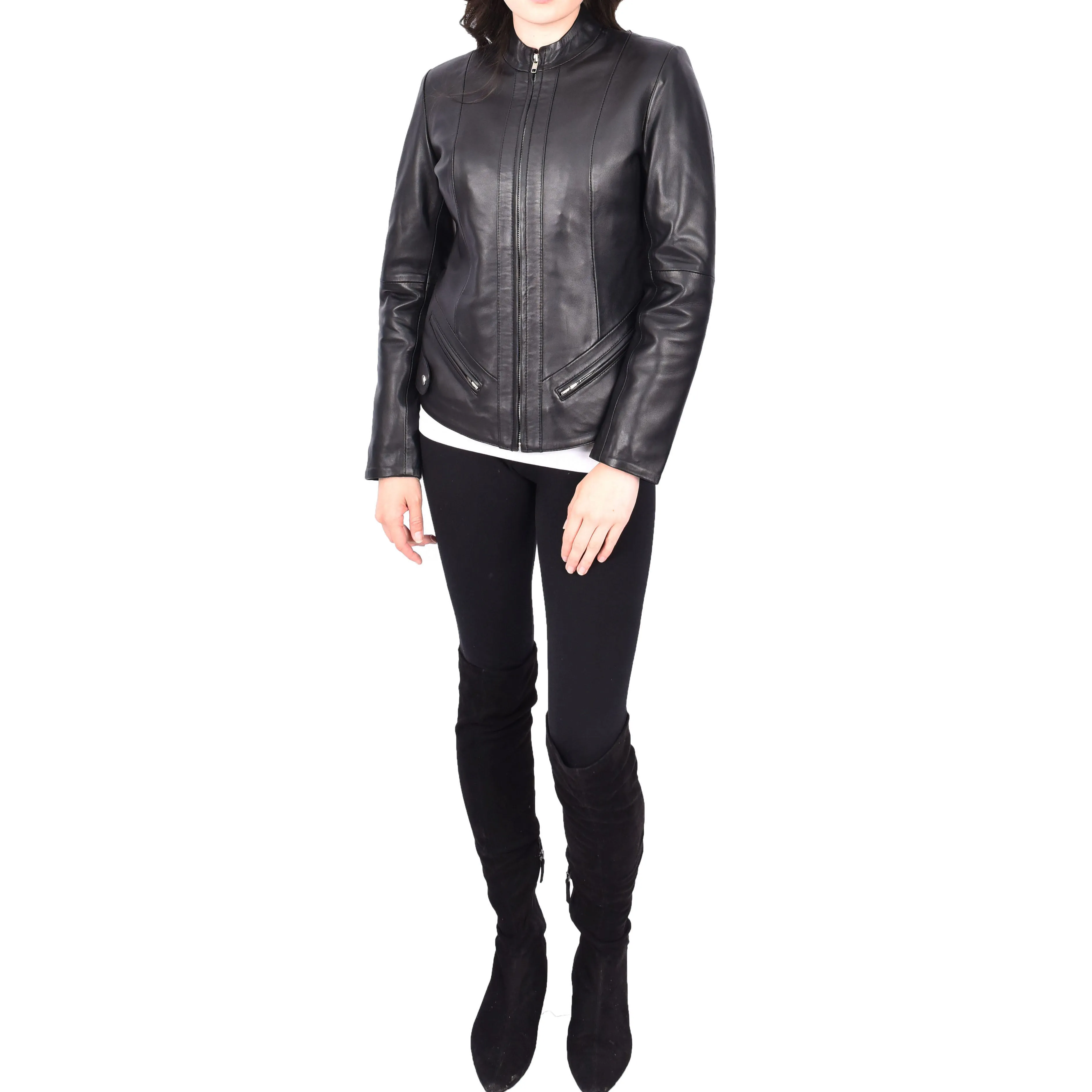 Womens Tailored Fit Band Collar Zip Up Biker Leather Jacket Honey Black