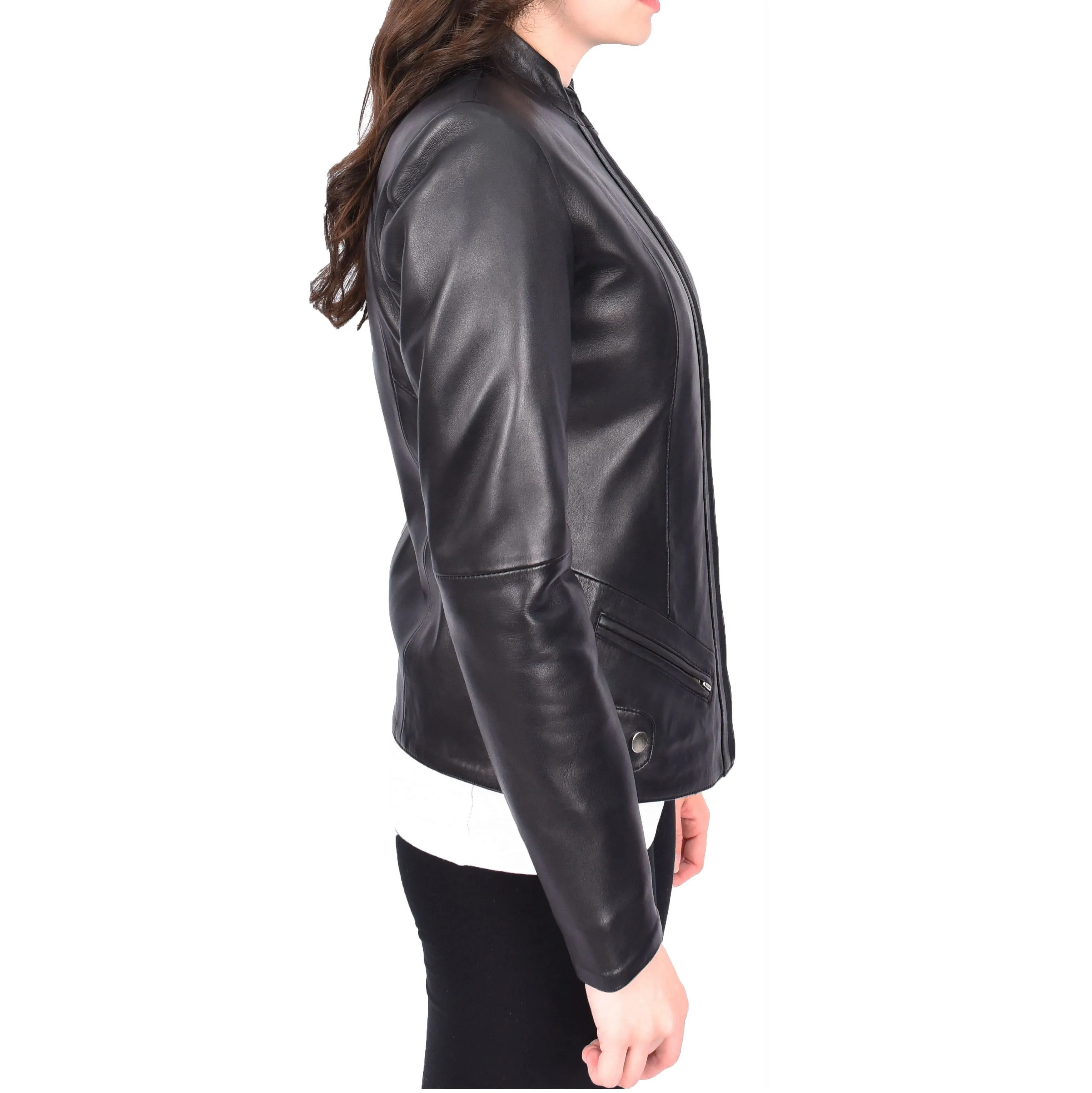 Womens Tailored Fit Band Collar Zip Up Biker Leather Jacket Honey Black
